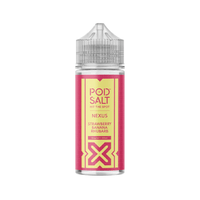 Pod Salt Nexus 100ml shortfill, strawberry banana rhubarb flavour, clear bottle with pink label.