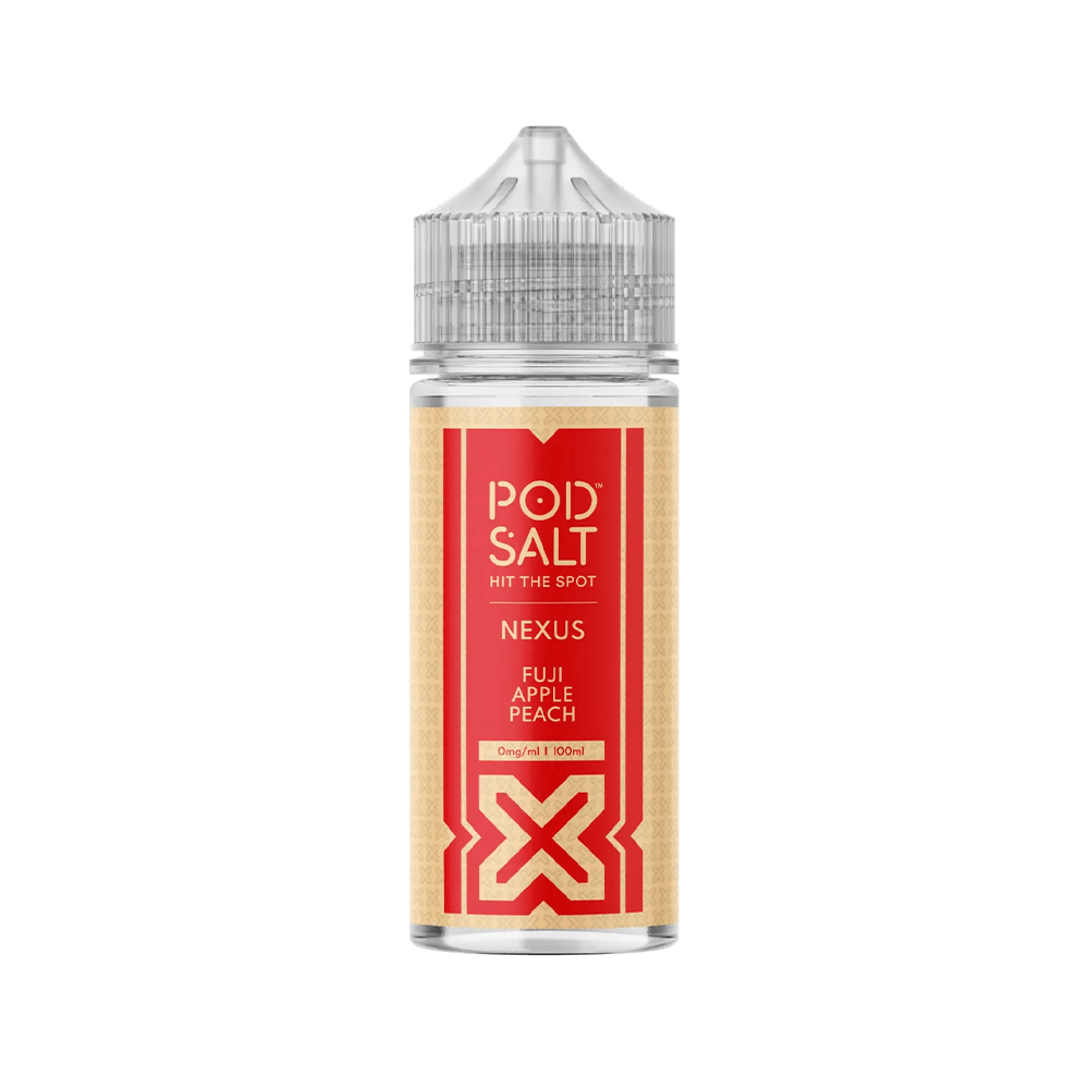 Pod Salt Nexus Fuji Apple Peach 100ml vape juice bottle with red and beige label.