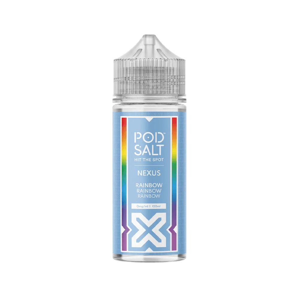 Pod Salt Nexus Rainbow e-liquid bottle, 100ml shortfill, with a colourful label design.