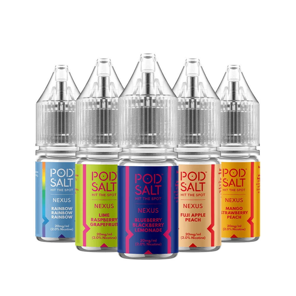 Pod Salt Nexus e-liquid bottles in various fruit flavours.