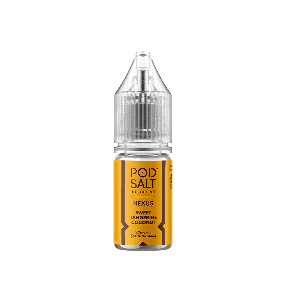 Pod Salt Nexus e-liquid bottle, sweet tangerine coconut flavour, 10ml, 20mg nicotine.