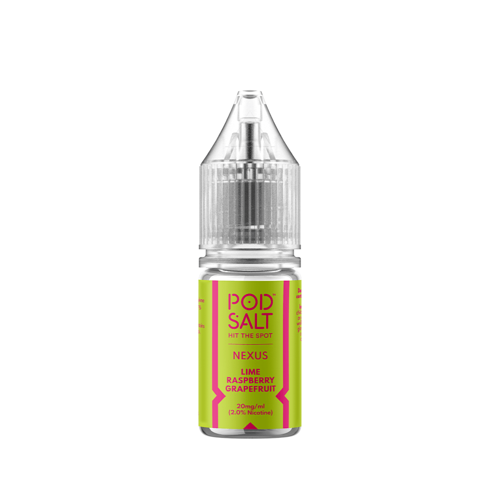 Pod Salt Nexus e-liquid bottle, lime raspberry grapefruit flavour, 10ml, 20mg nicotine strength.