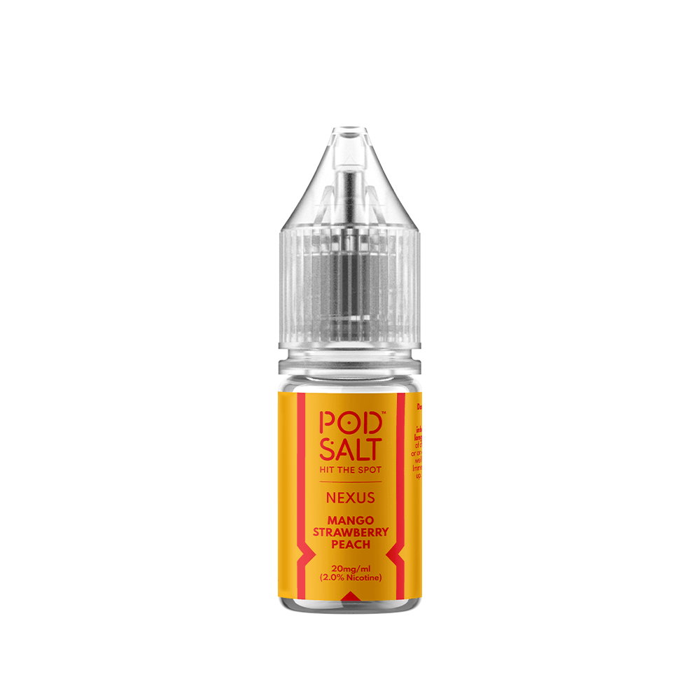 Pod Salt Nexus e-liquid, mango strawberry peach flavour, 10ml bottle.