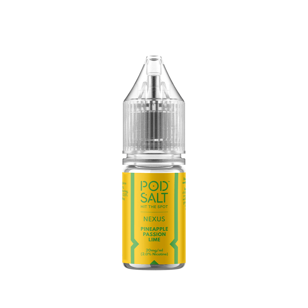 Pod Salt Nexus e-liquid bottle with yellow label, pineapple passion lime flavour.