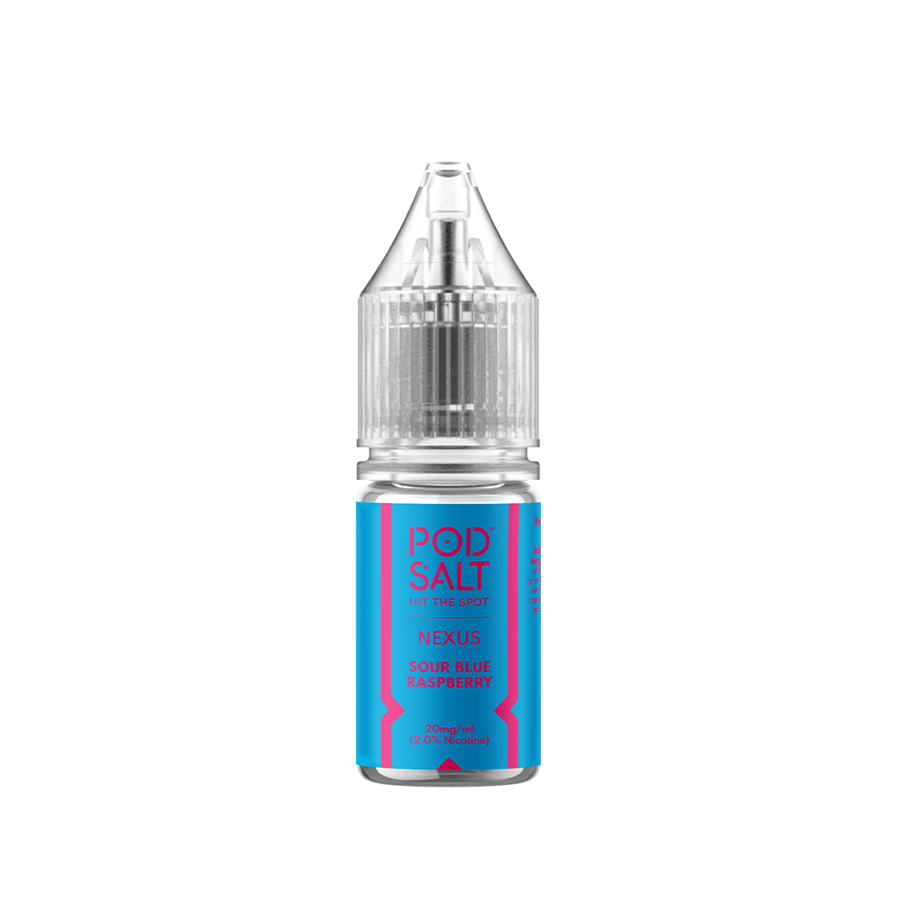 Pod Salt Nexus Sour Blue Raspberry e-liquid bottle with a clear cap.