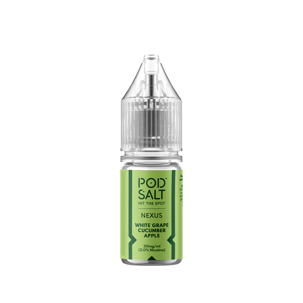 Pod Salt Nexus e-liquid bottle, flavour: White Grape Cucumber Apple, 20mg/ml nicotine.