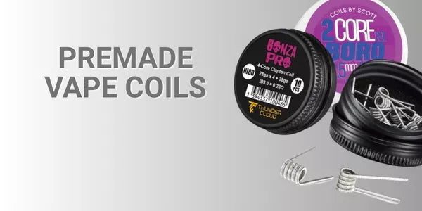 Premade vape coils with branding on a gray background