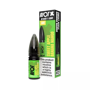 Riot X Nic Salt 10ml Sweet Apple Banana Mango Flavour is available in 5mg,10mg and 20mg Strength 