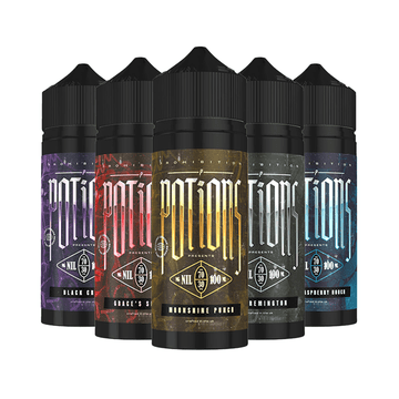 Five Prohibition Potions vape juice bottles: Black Current, Grace's Secret, Moonshine Punch, Remington, Raspberry Moon.