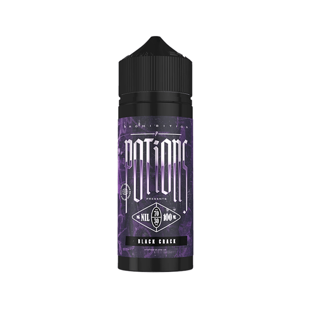 Prohibition Potions Black Crack vape juice bottle, 100ml shortfill with purple label.