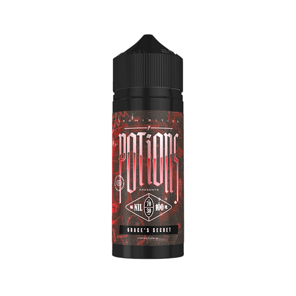 A bottle of Prohibition Potions vape juice, 100ml, Grace's Secret flavour.