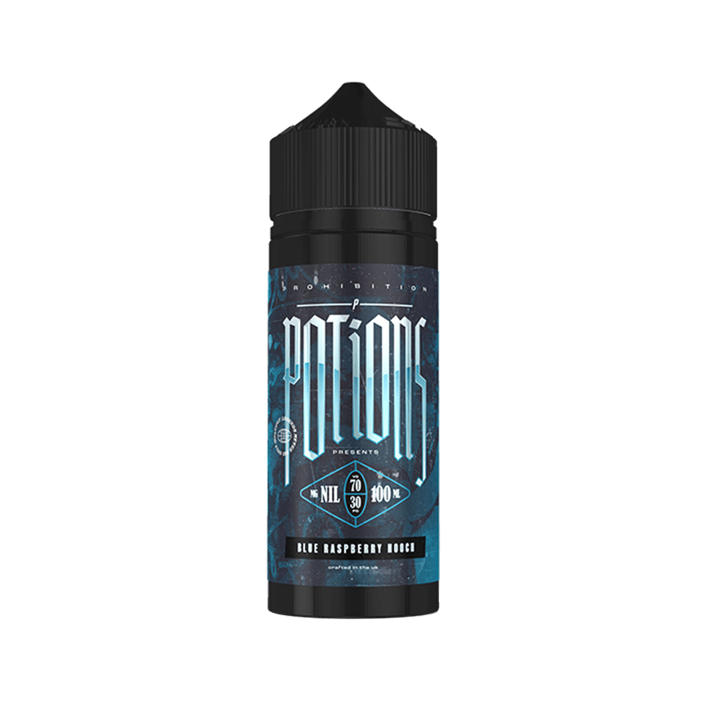 Blue Raspberry Rouge vape juice bottle, 100ml shortfill, black cap, stylish label design.