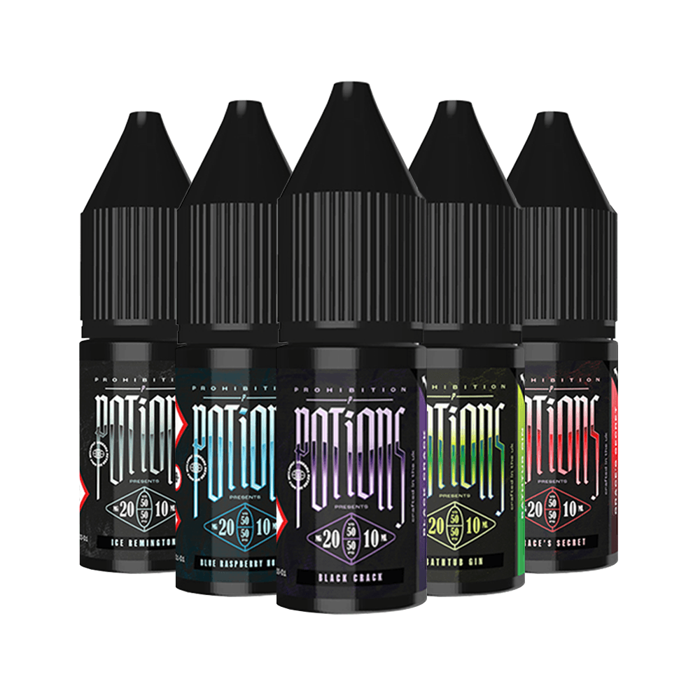 Five Prohibition Potions vape bottles with colourful labels and black caps.