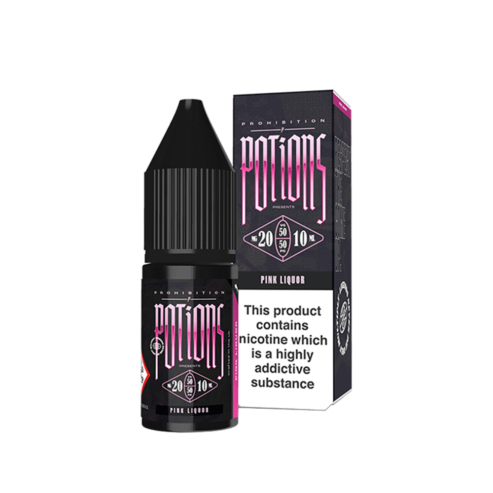 Prohibition Potions Pink Liquor 10ml vape juice bottle and box, with nicotine warning.