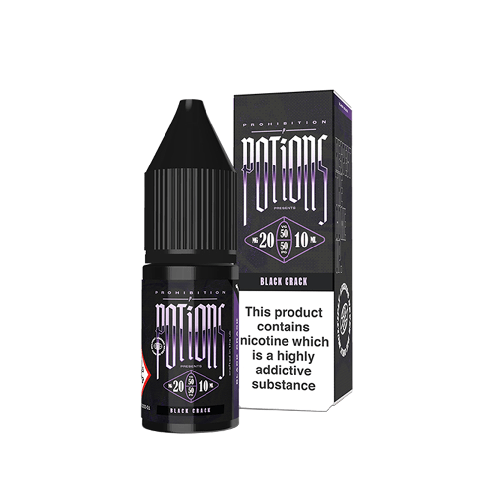 Prohibition Potions Black Crack e-liquid bottle and box with nicotine warning.