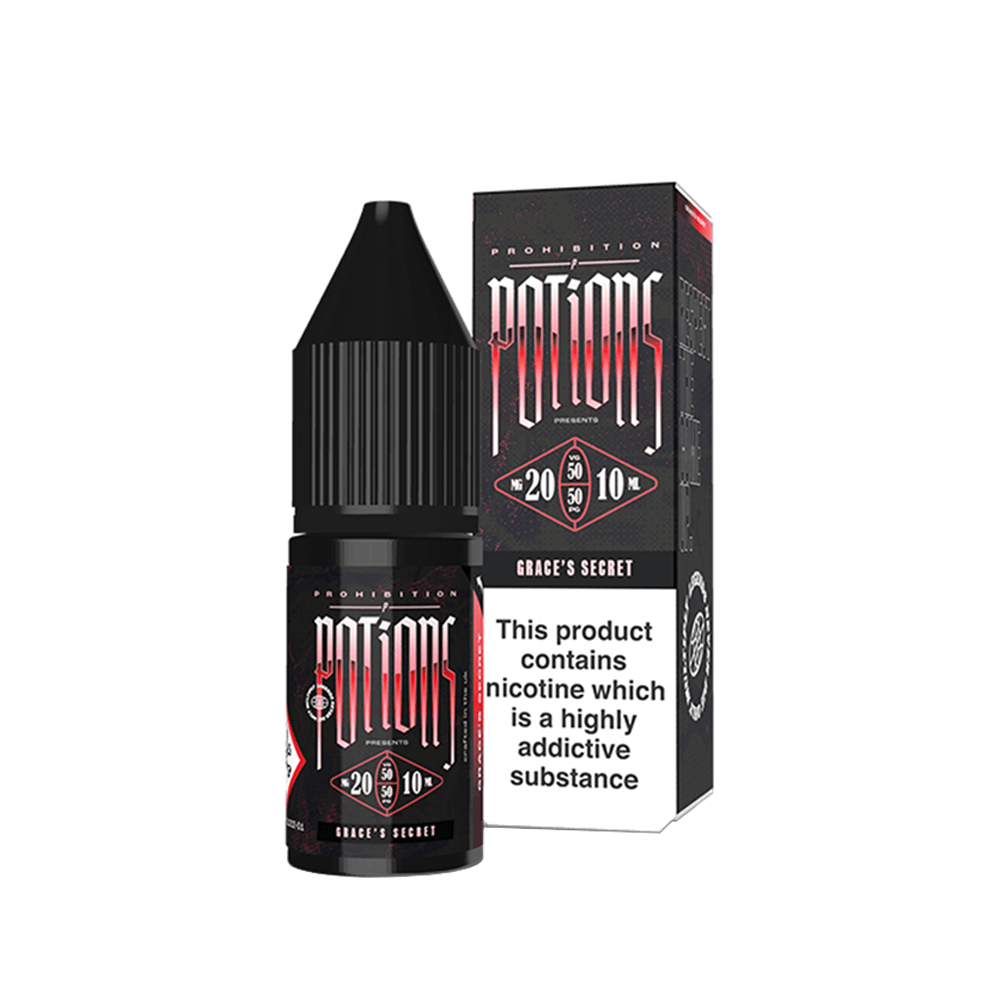 Prohibition Potions Grace's Secret 10ml nicotine salt e-liquid bottle and box.