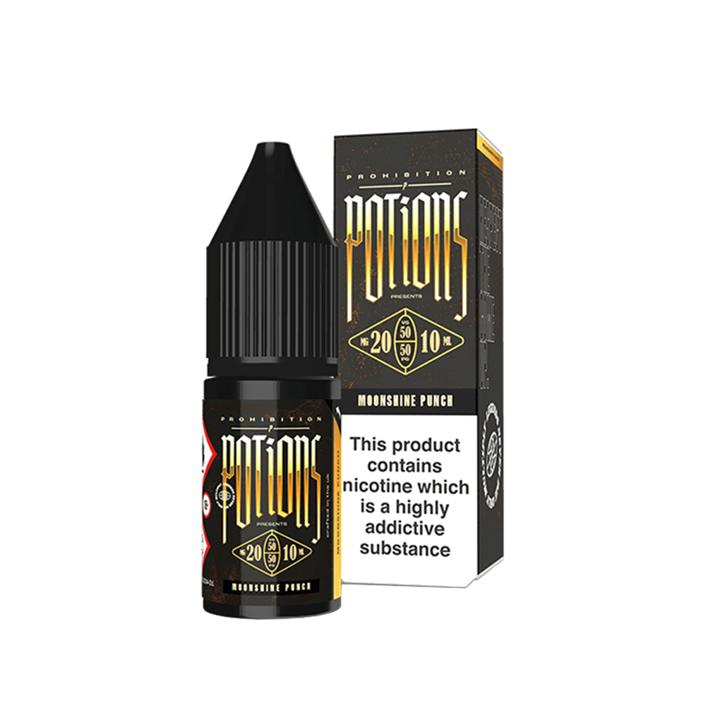 Prohibition Potions Moonshine Punch e-liquid bottle and box, 10ml, 20mg nicotine salt.