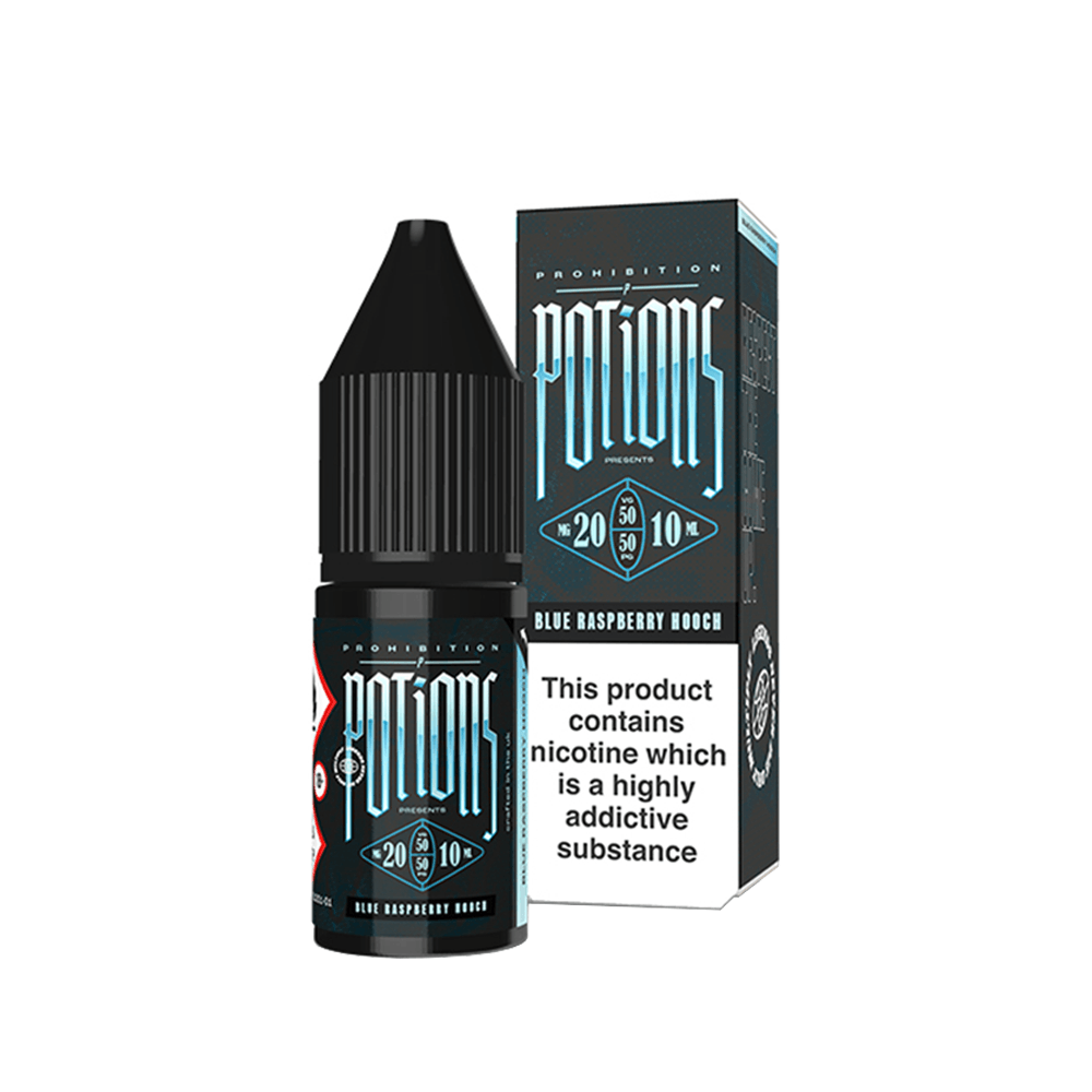 Prohibition Potions Blue Raspberry Hooch e-liquid bottle and box with nicotine warning.