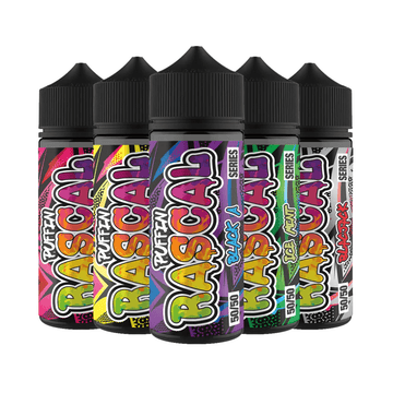 Five colourful Puffin Rascal vape juice bottles in a row, each with unique designs.