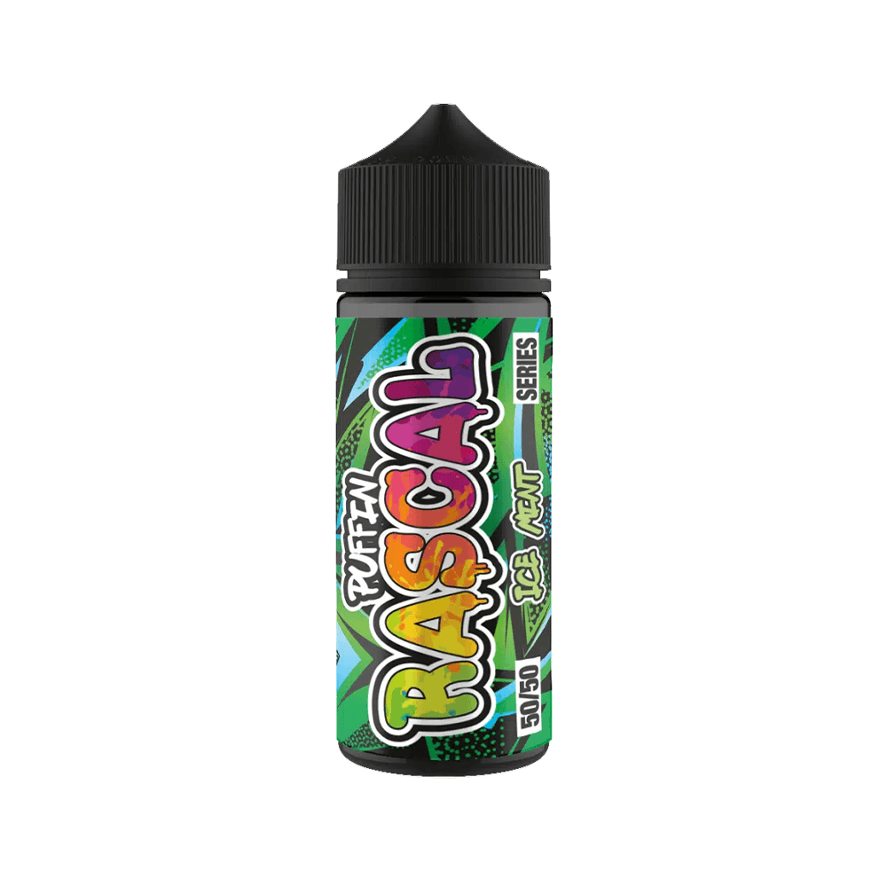 Puffin Rascal Ice Mint vape juice bottle with colourful design and 50/50 series label.