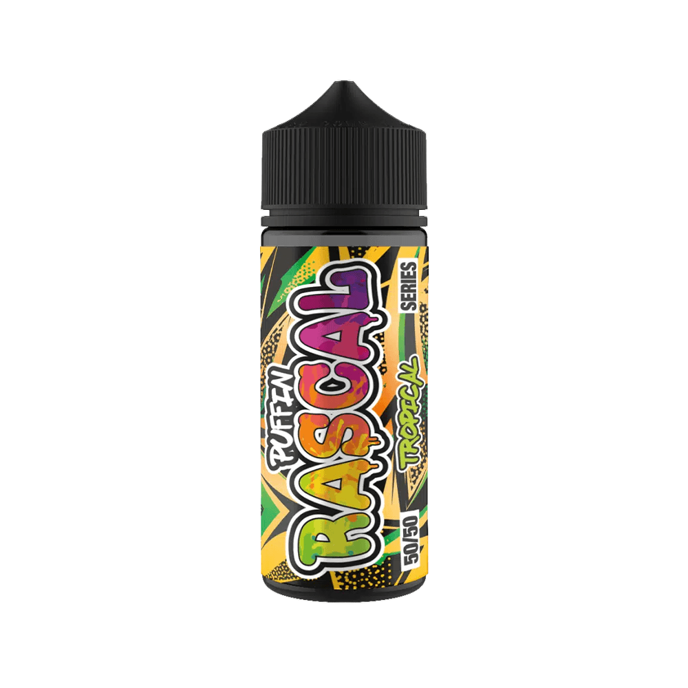 Puffin Rascal Tropical 50/50 e-liquid bottle with vibrant, colourful label design.