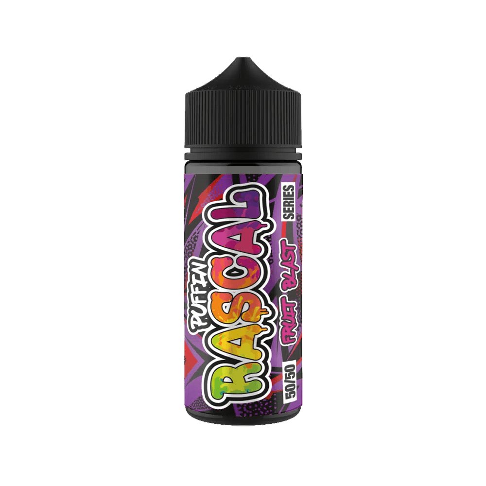 Puffin Rascal vape juice bottle with colourful "Fruit Blast" label design.