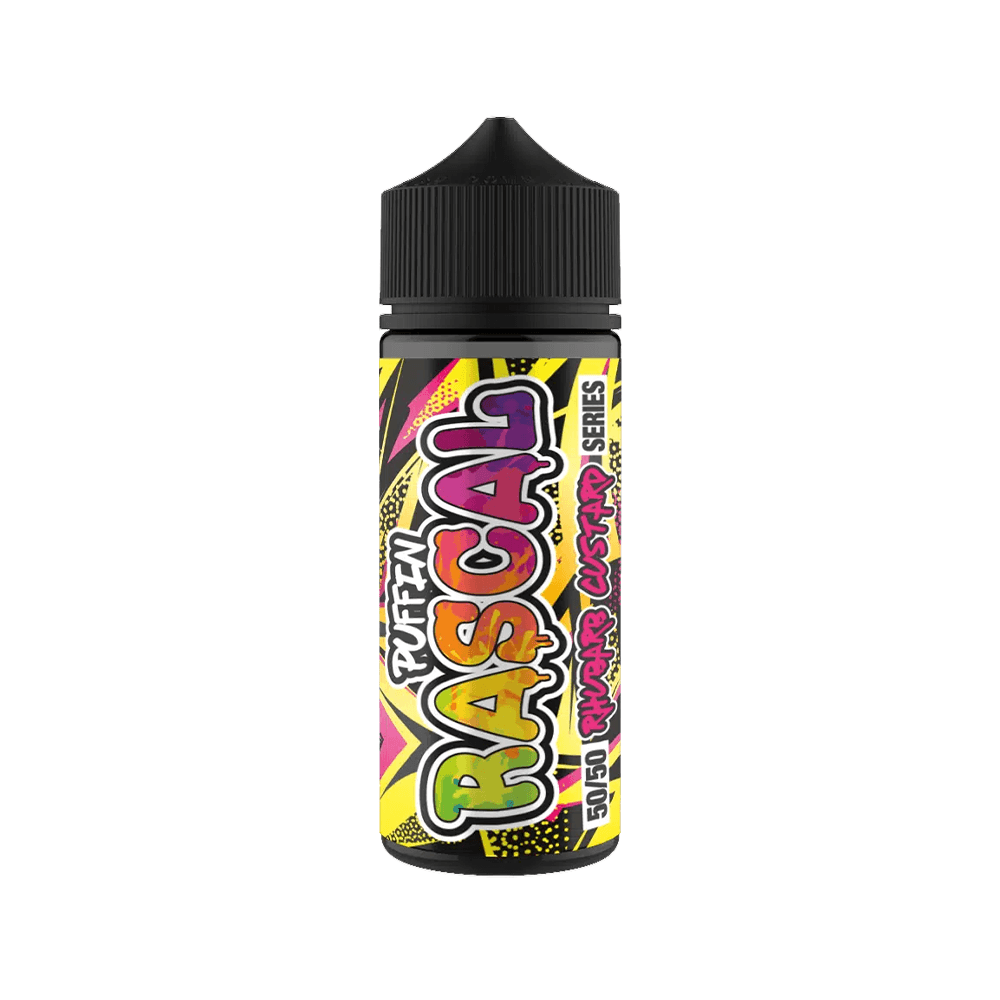 Colourful Puffin Rascal vape juice bottle with bold, vibrant text and design.