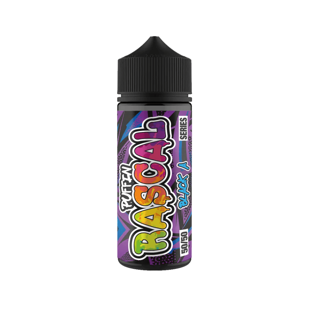 E-liquid bottle with vibrant "Puffin Rascal" design, 50/50 series, 100ml shortfill.