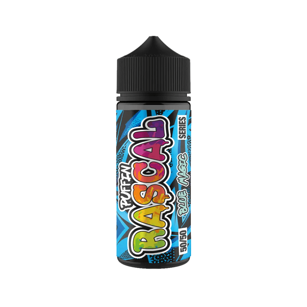 Puffin Rascal e-liquid bottle with colourful label and blue background, 100ml size.