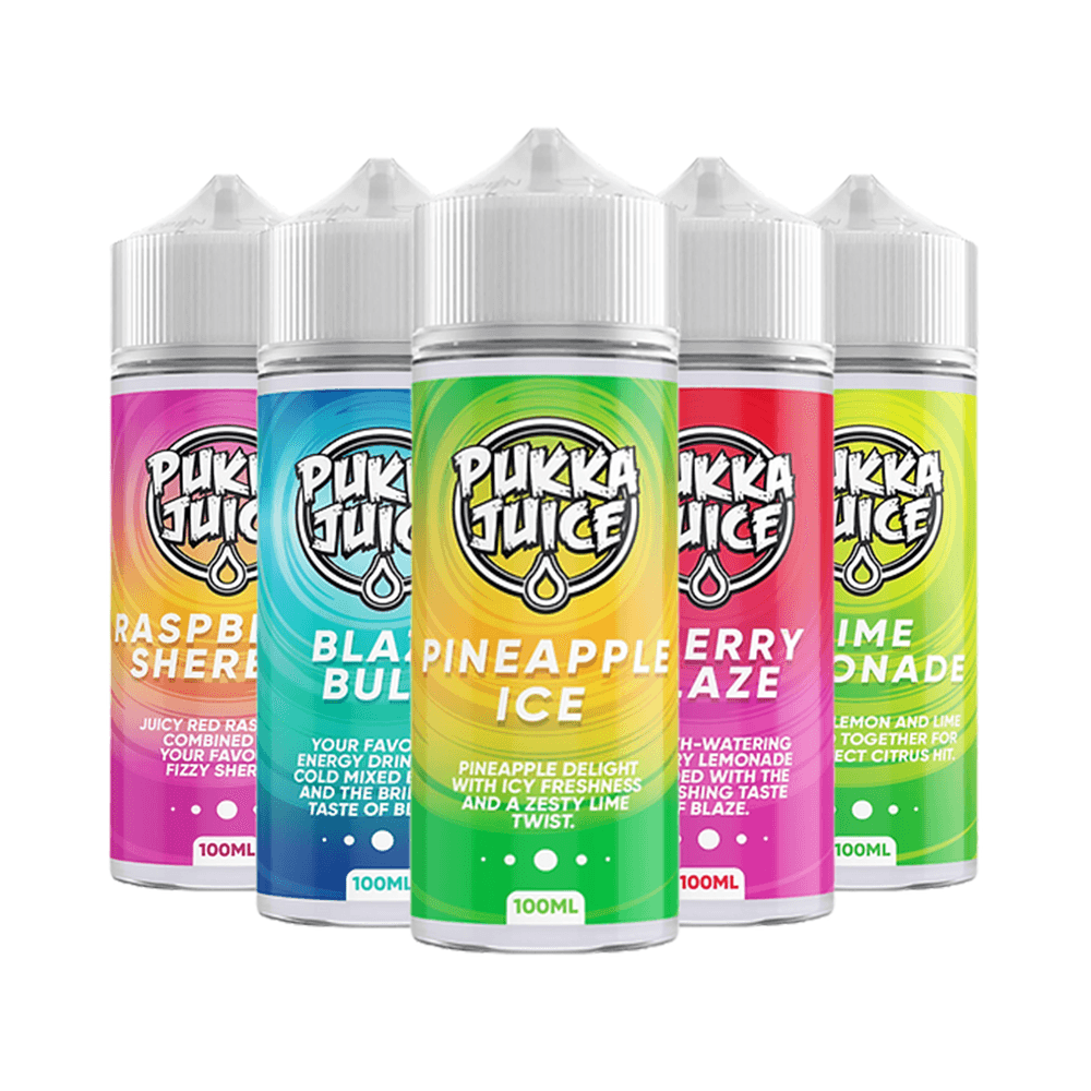 Five Pukka Juice e-liquid bottles: Raspberry Sherbet, Blaze, Pineapple Ice, Berry Blaze, Lime Lemonade.