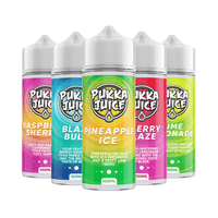 Five Pukka Juice e-liquid bottles: Raspberry Sherbet, Blaze, Pineapple Ice, Berry Blaze, Lime Lemonade.