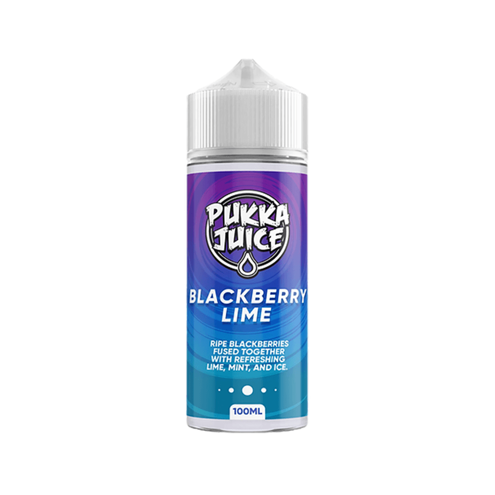 Pukka Juice Blackberry Lime 100ml shortfill bottle with blue and purple label design.