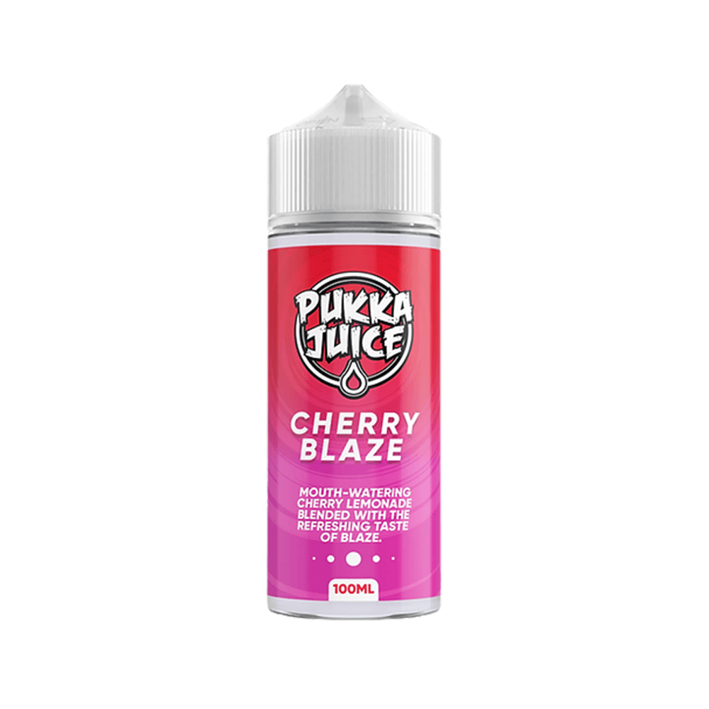 Pukka Juice Cherry Blaze 100ml bottle with red label, displayed on a white background.