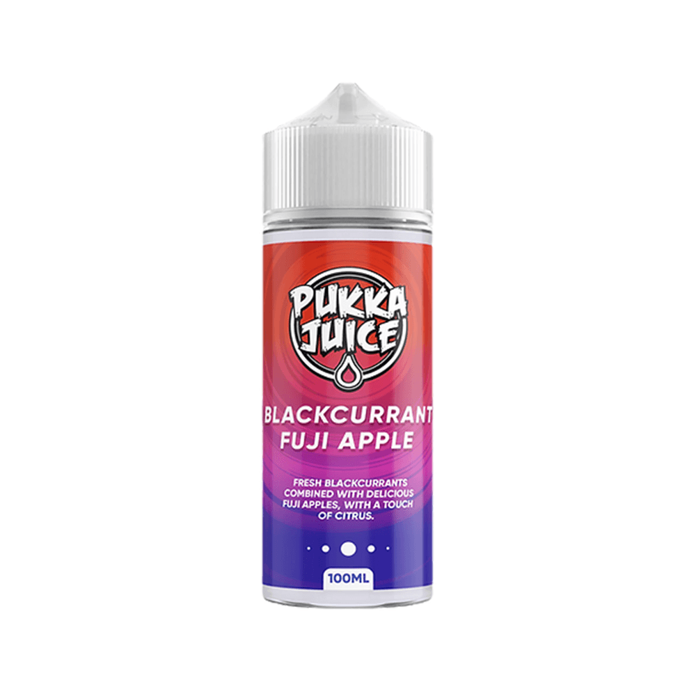 Pukka Juice Blackcurrant Fuji Apple 100ml bottle with vibrant red and purple label design.