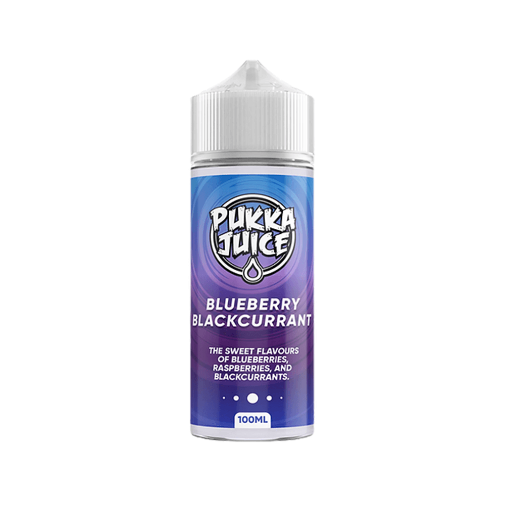 Pukka Juice Blueberry Blackcurrant 100ml vape juice bottle with blue and purple label.