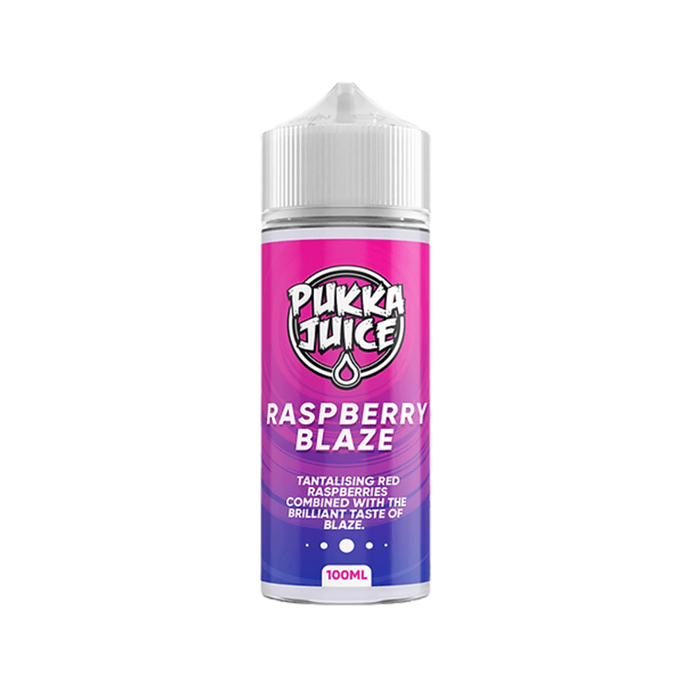 Pukka Juice Raspberry Blaze 100ml shortfill bottle with a pink and purple label.