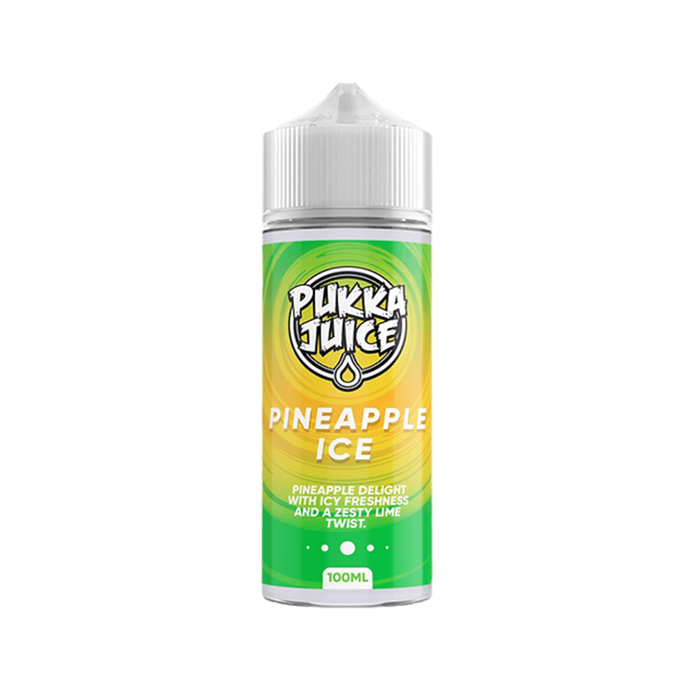 Pukka Juice Pineapple Ice 100ml shortfill bottle with a green and yellow label.