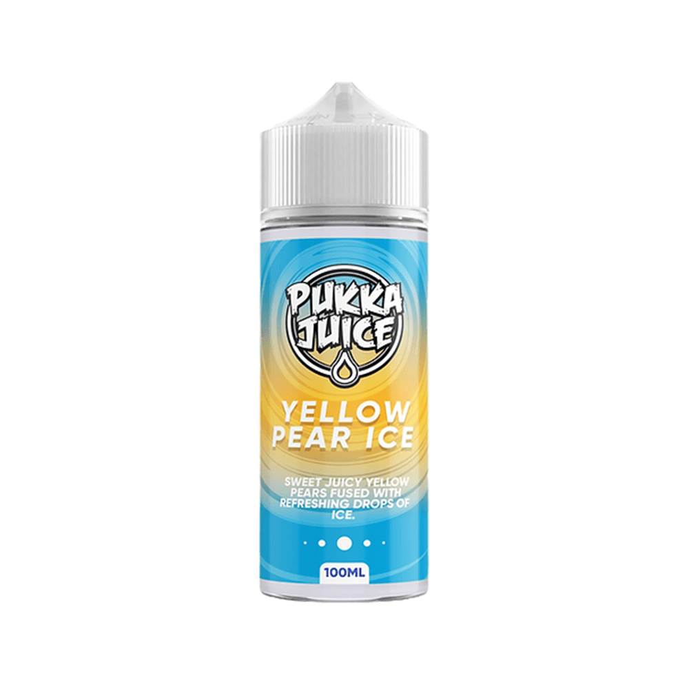 Pukka Juice Yellow Pear Ice 100ml bottle with blue and yellow label design.