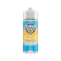 Pukka Juice Yellow Pear Ice 100ml bottle with blue and yellow label design.