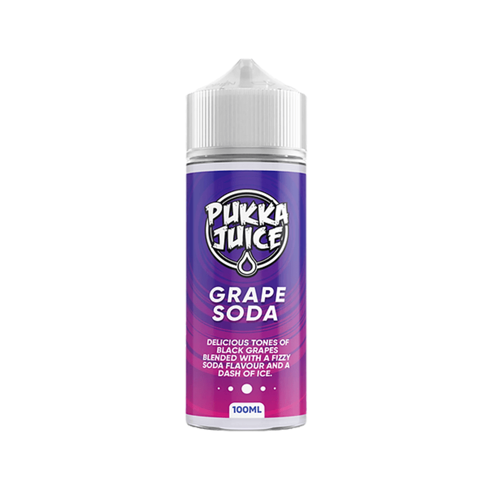 Pukka Juice Grape Soda 100ml e-liquid bottle with purple label on a white background.