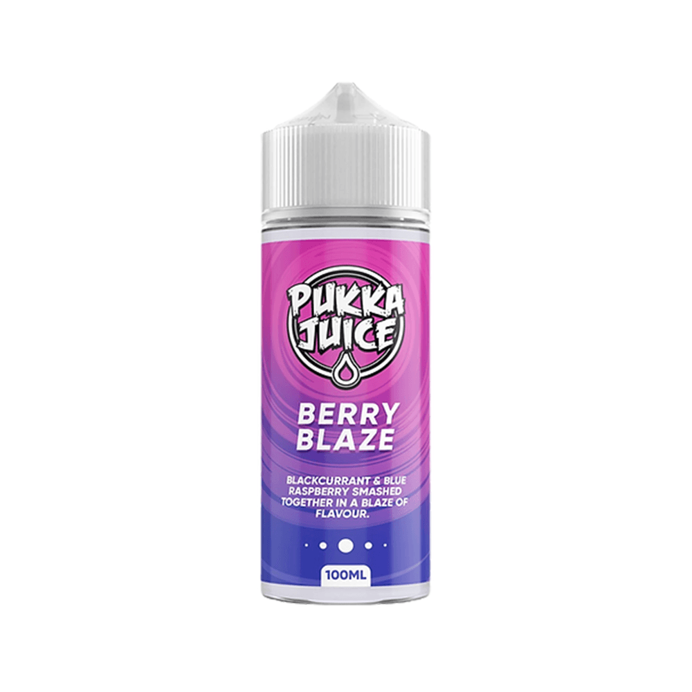 Pukka Juice Berry Blaze 100ml bottle with a vibrant purple label, featuring blackcurrant and blue raspberry.