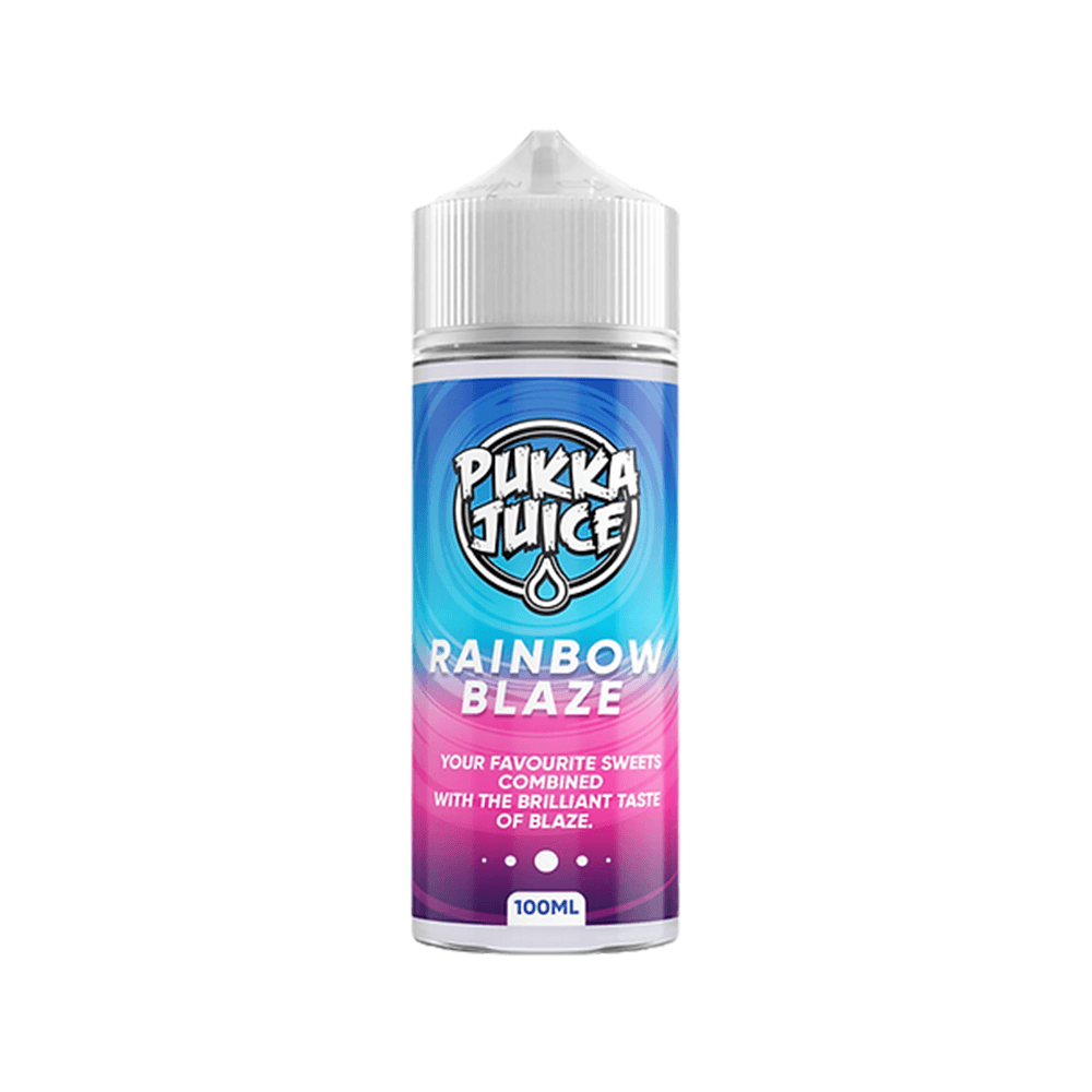 Pukka Juice Rainbow Blaze 100ml shortfill e-liquid bottle with a colourful label design.