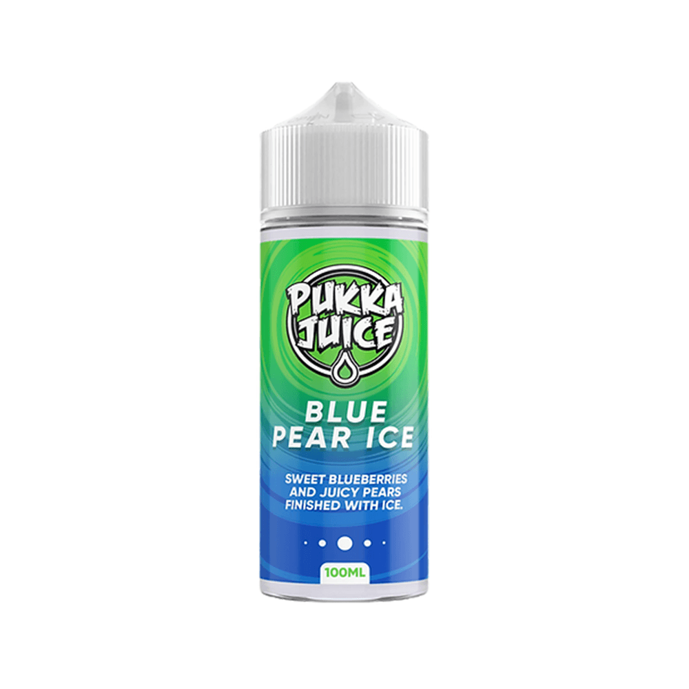 Pukka Juice Blue Pear Ice 100ml e-liquid bottle with green and blue label design.