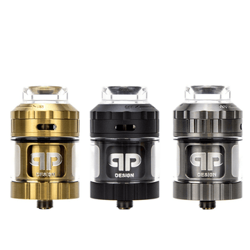 Three Juggerknot V2 RTA tanks in gold, black, and silver, displayed side by side.