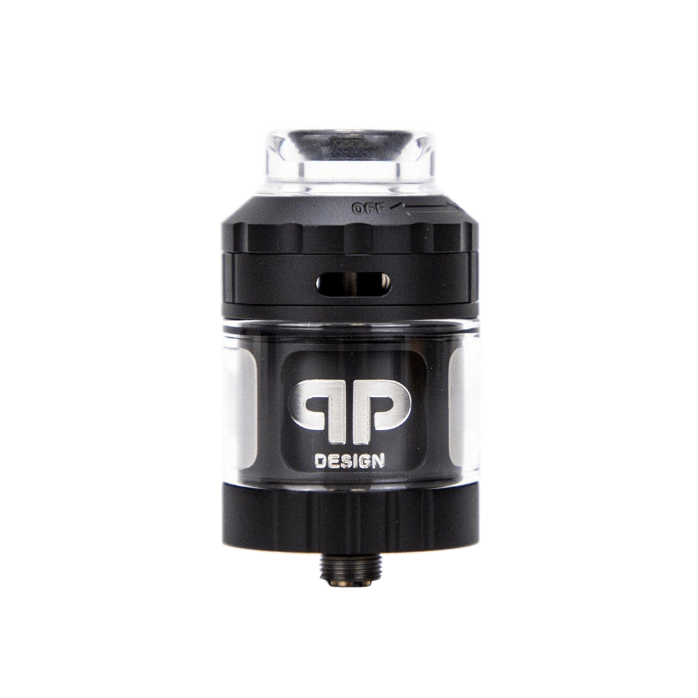 Black QP Design Juggerknot V2 RTA vape tank with clear glass chamber.