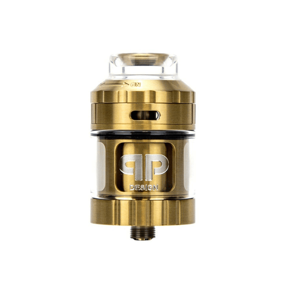 Gold QP Design Juggerknot V2 RTA vape tank on a white background.