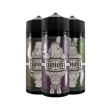 Three Rabbit Fusions 100ml shortfill bottles with intricate, colourful designs.