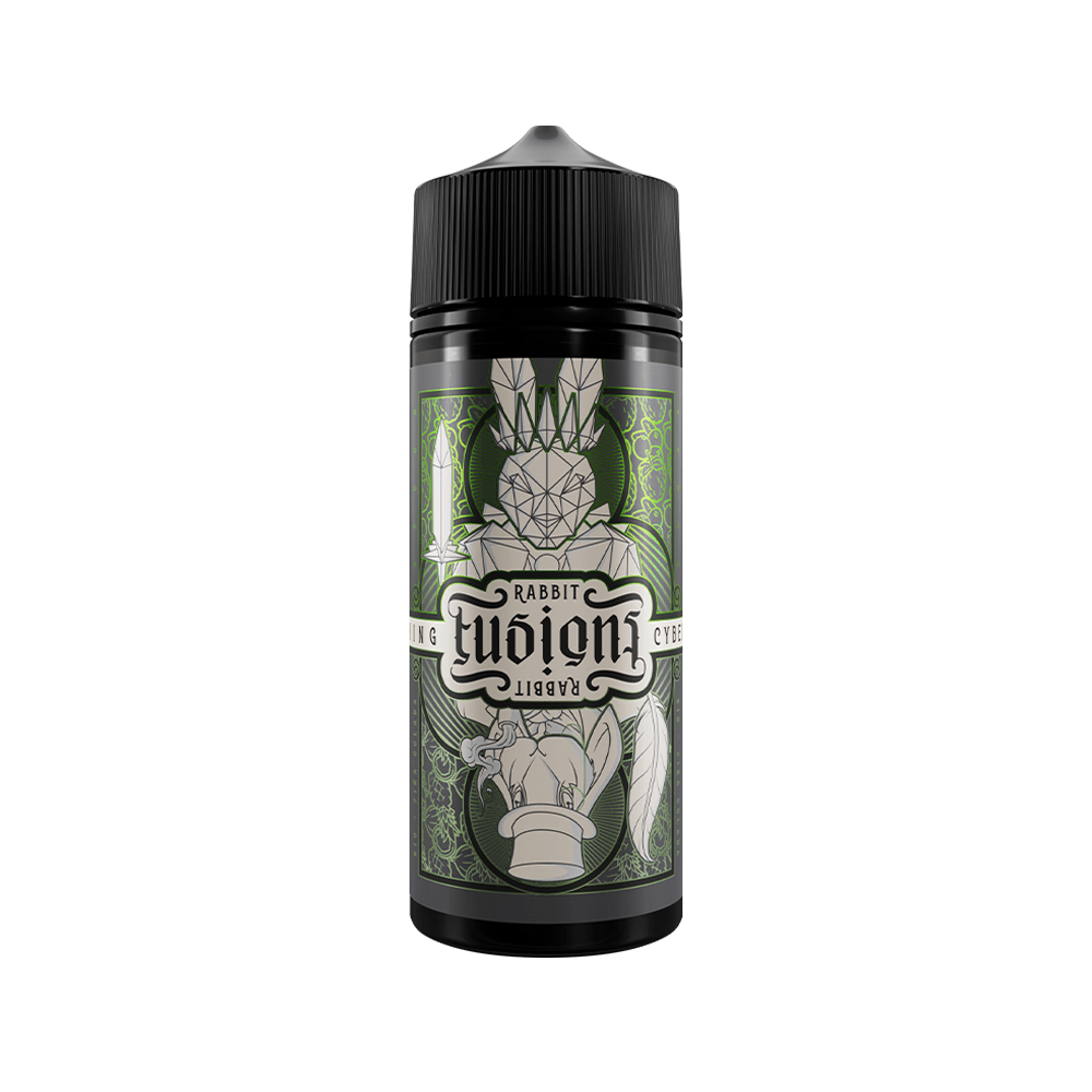 Bottle of Rabbit Fusions e-liquid with a geometric rabbit design on a green background.