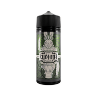 Bottle of Rabbit Fusions e-liquid with a geometric rabbit design on a green background.