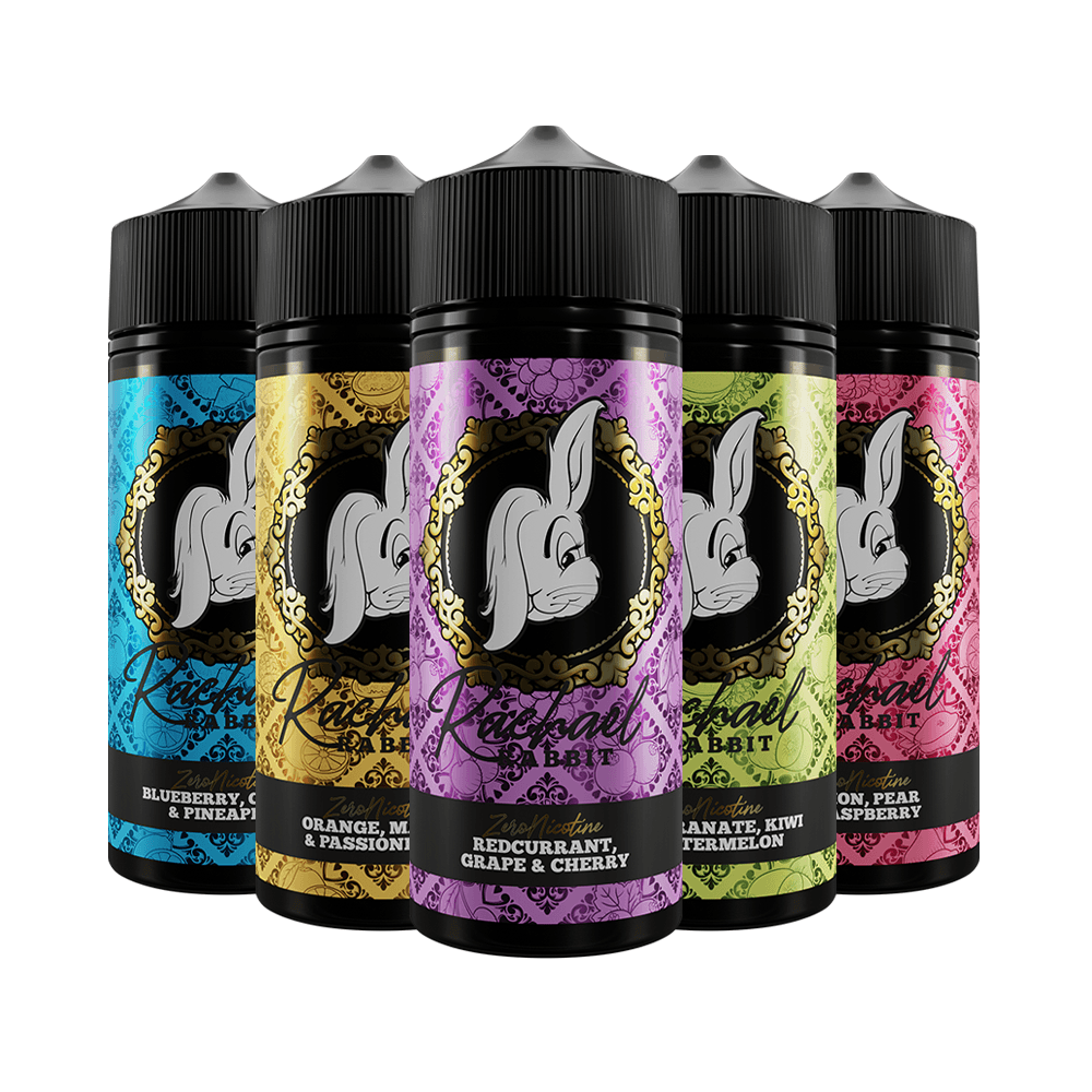 Five Rachael Rabbit vape juice bottles in various fruit flavours, displayed in a row.